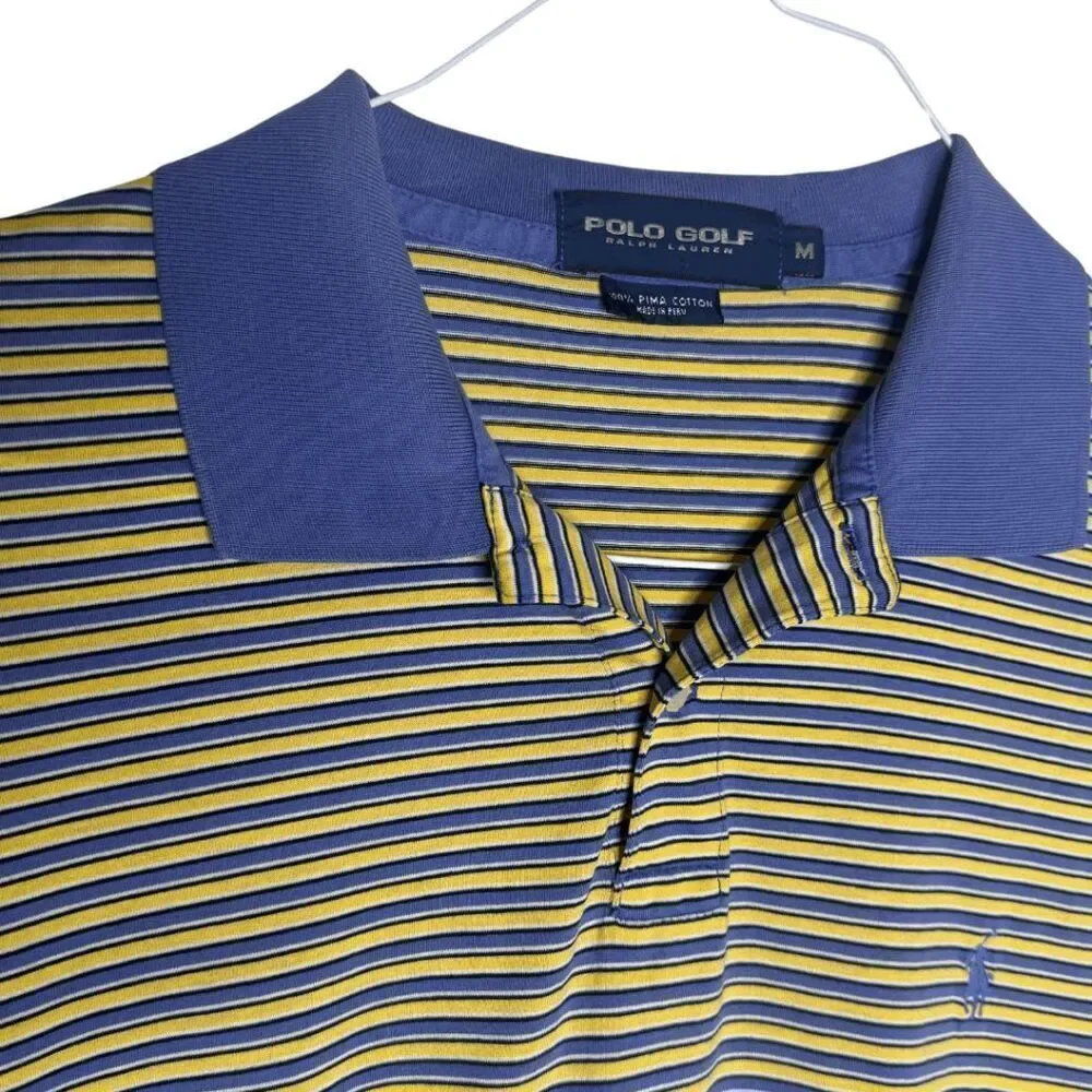 Ralph Lauren Men's Striped Pima Cotton Polo Golf  Shirt Blue Yellow‎ Size Medium